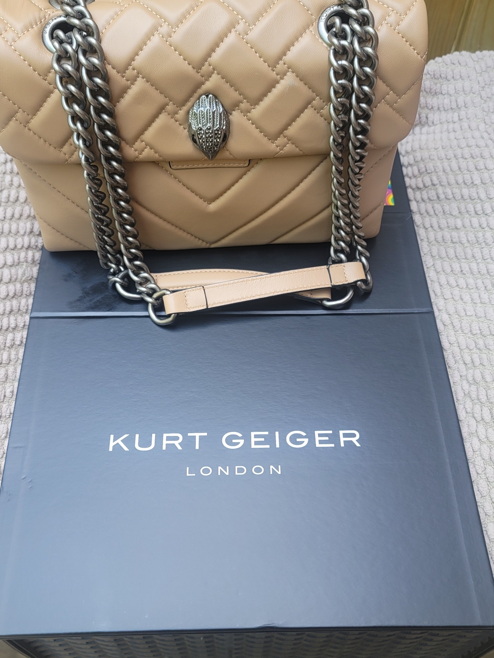 Kurt Geiger London Kensington Quilted Beige Leather Chain Shoulder Crossbody Bag